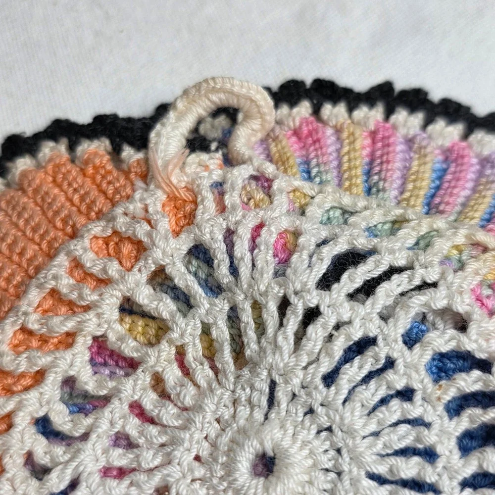 Vintage Style Handmade Crochet Spiral Potholder Blue Orange Multi Hot Pad Trivet